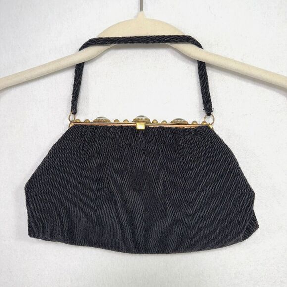 Vtg MICHEL SWISS PARIS Black Beaded Evening Bag Cabochon 40s 50s Made In France - Picture 1 of 14